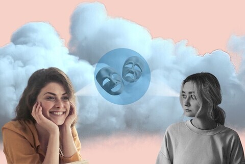 A happy woman on the left and a sad woman on the right and a pair of theater masks in the middle with clouds in the background