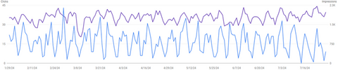 A line graph shows two groups of data for the amount of clicks ranging to 45 over the time line of january 2024 through july 2024