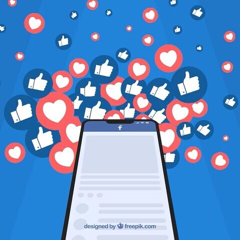 Facebook on phone with heart and like emojis surrounding it graphic