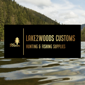 Lake 2 Woods Customs logo overlaid on a background of a lake and forest scene